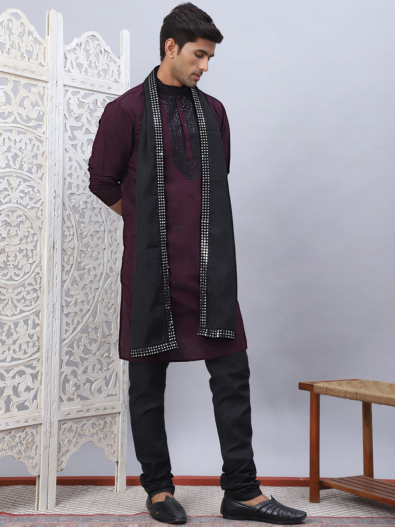 Sequins Embroidered Kurta Pyjama and Dupatta Set for Men