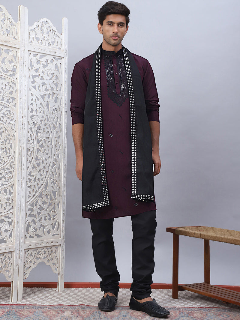 Sequins Embroidered Kurta Pyjama and Dupatta Set for Men