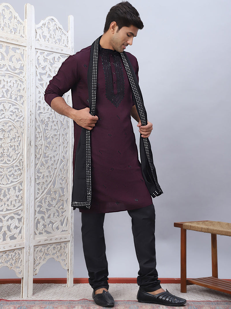 Sequins Embroidered Kurta Pyjama and Dupatta Set for Men