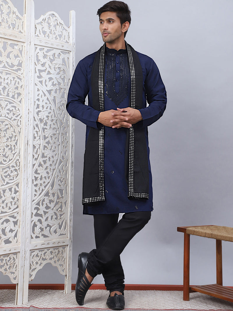 Sequins Embroidered Kurta Pyjama and Dupatta Set for Men