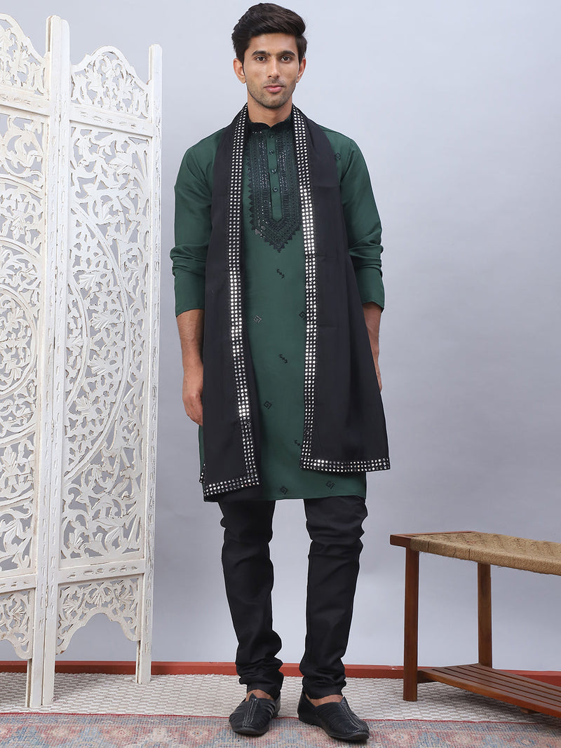 Sequins Embroidered Kurta Pyjama and Dupatta Set for Men