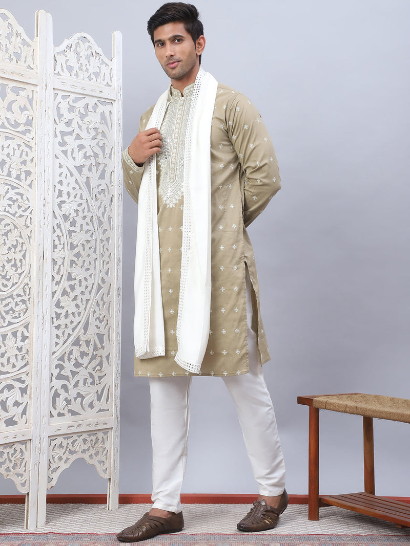 Men's Sequins Embroidered Kurta Pyjama With Dupatta