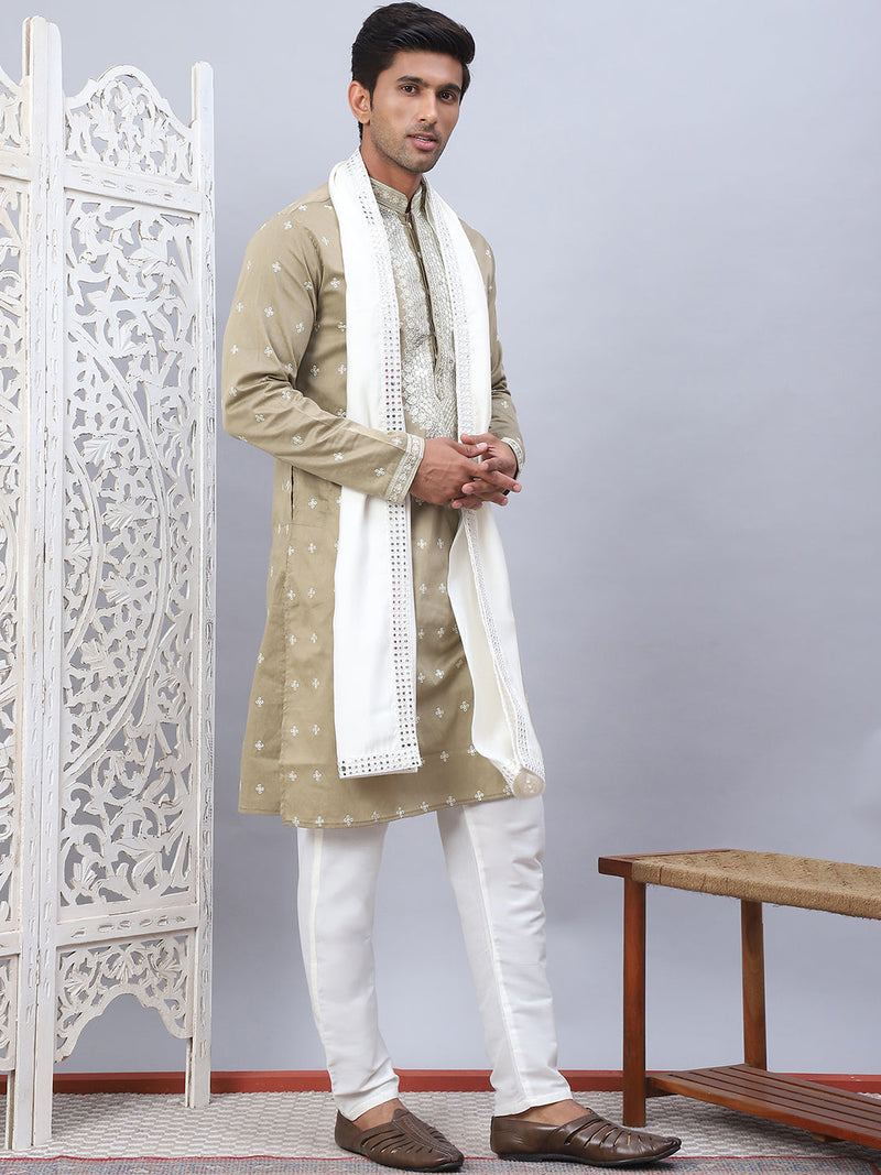 Men's Sequins Embroidered Kurta Pyjama With Dupatta