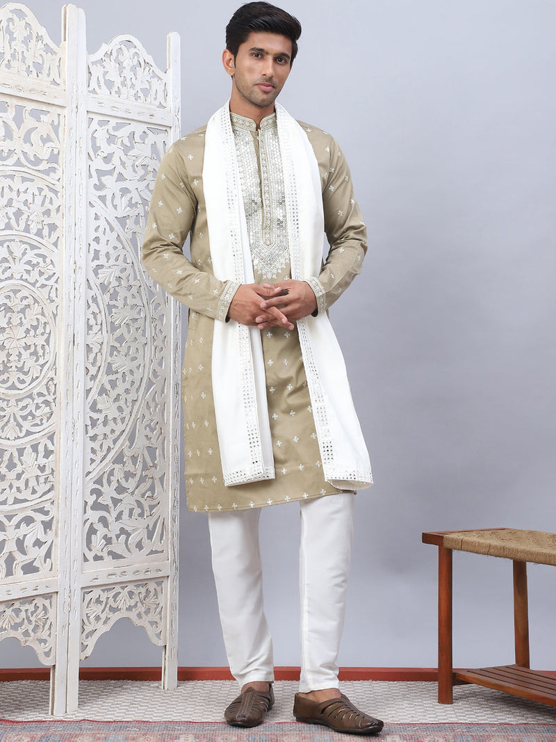 Men's Sequins Embroidered Kurta Pyjama With Dupatta