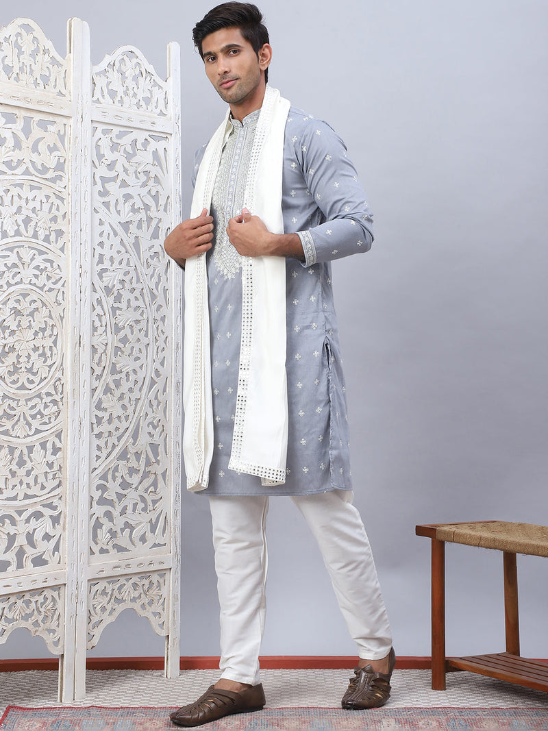 Men's Sequins Embroidered Kurta Pyjama With Dupatta