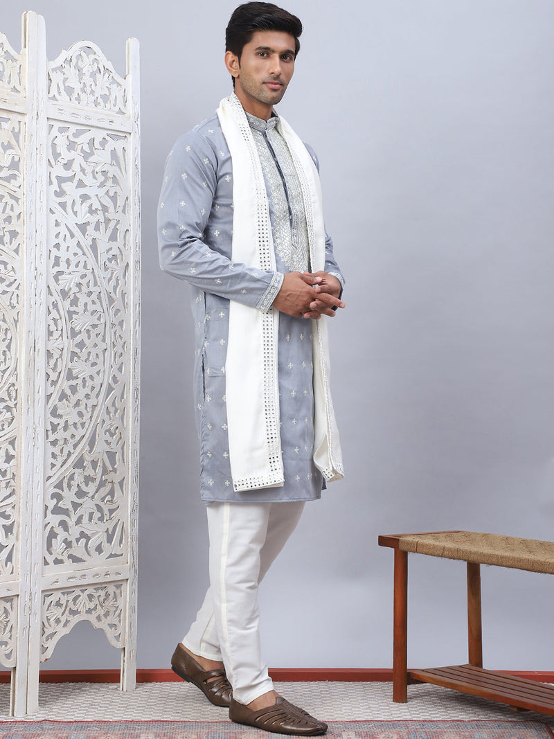 Men's Sequins Embroidered Kurta Pyjama With Dupatta