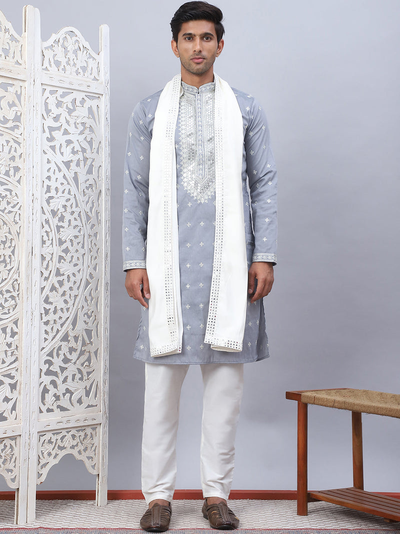 Men's Sequins Embroidered Kurta Pyjama With Dupatta