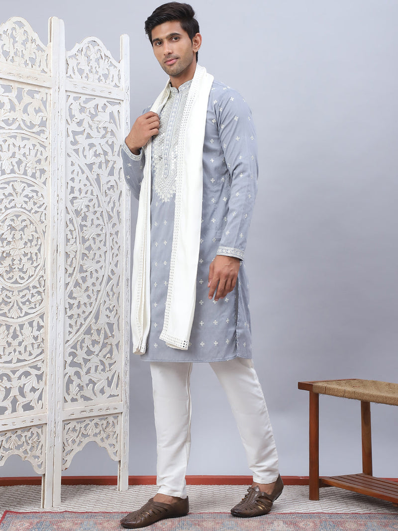 Men's Sequins Embroidered Kurta Pyjama With Dupatta