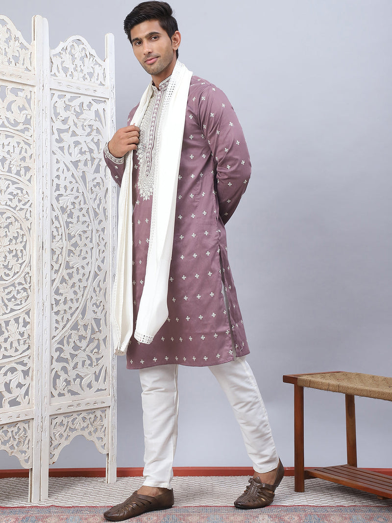 Men's Sequins Embroidered Kurta Pyjama With Dupatta