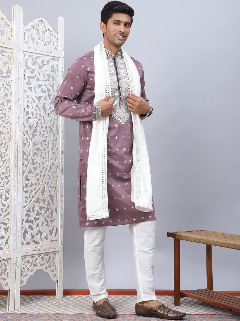 Men's Sequins Embroidered Kurta Pyjama With Dupatta