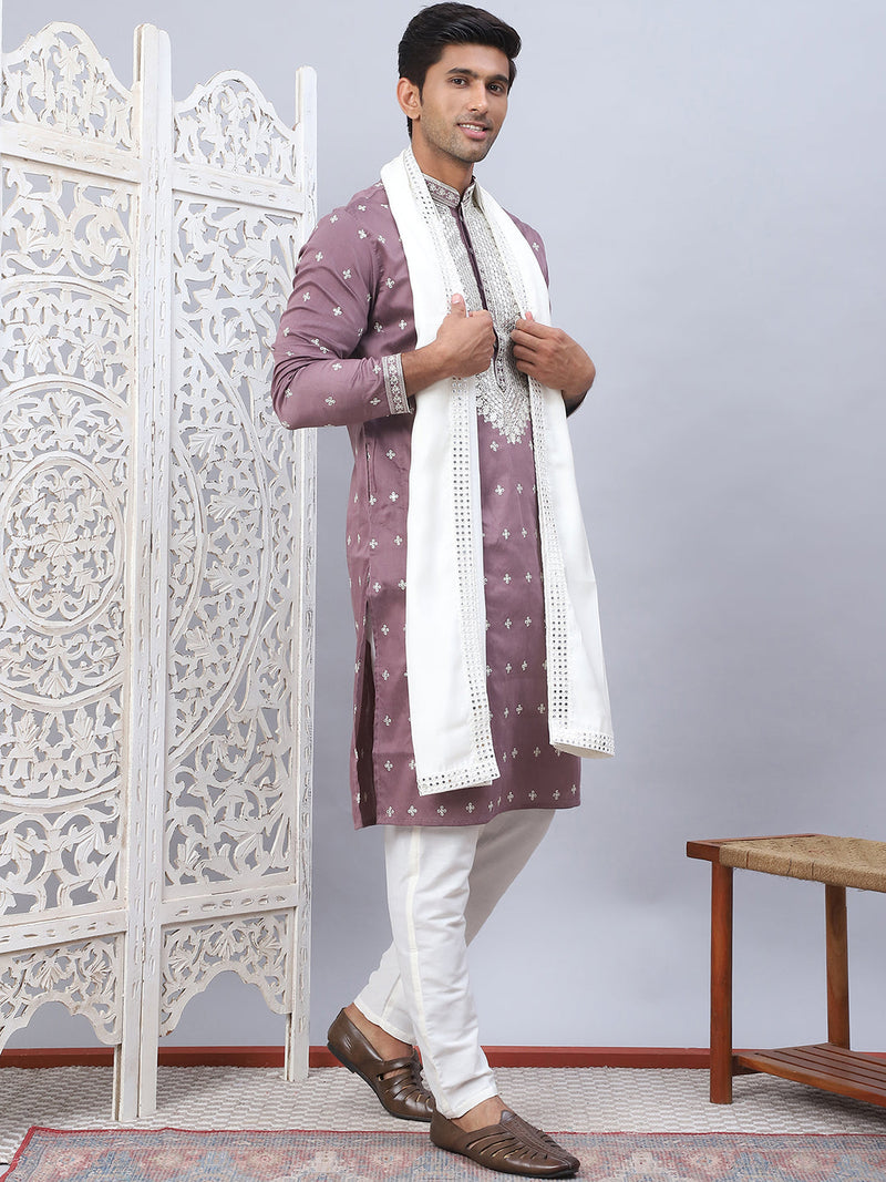 Men's Sequins Embroidered Kurta Pyjama With Dupatta