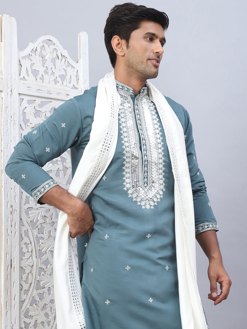 Men's Sequins Embroidered Kurta Pyjama With Dupatta