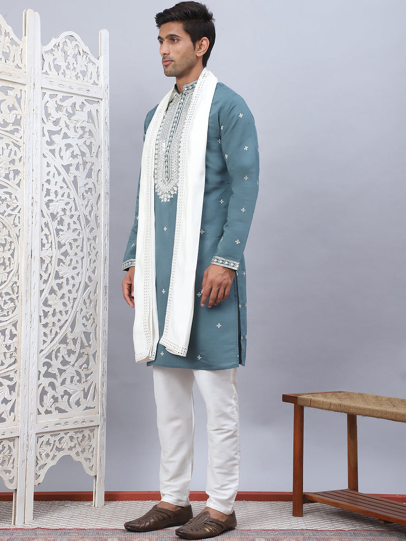 Men's Sequins Embroidered Kurta Pyjama With Dupatta