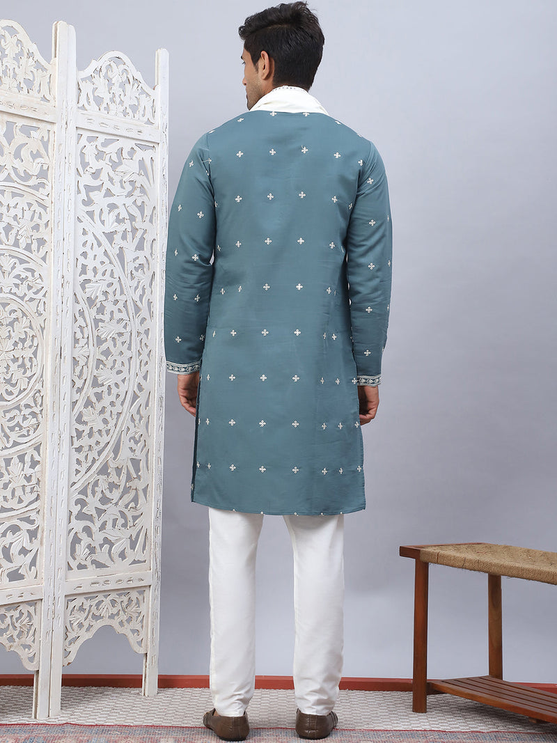 Men's Sequins Embroidered Kurta Pyjama With Dupatta