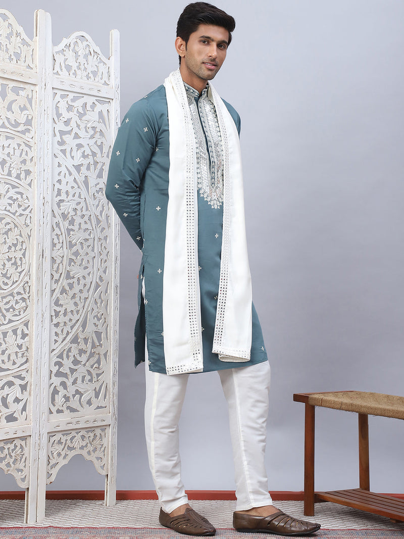 Men's Sequins Embroidered Kurta Pyjama With Dupatta