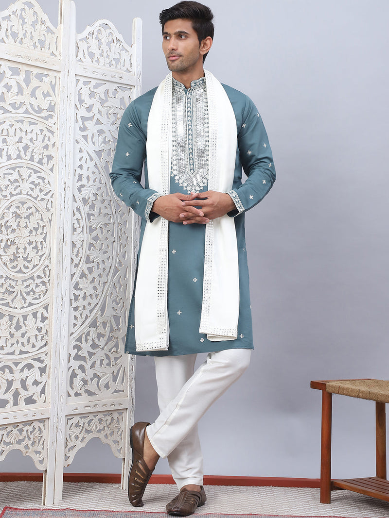 Men's Sequins Embroidered Kurta Pyjama With Dupatta