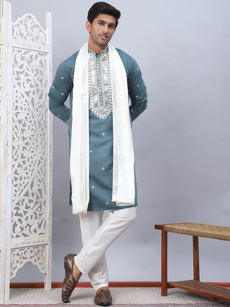 Men's Sequins Embroidered Kurta Pyjama With Dupatta