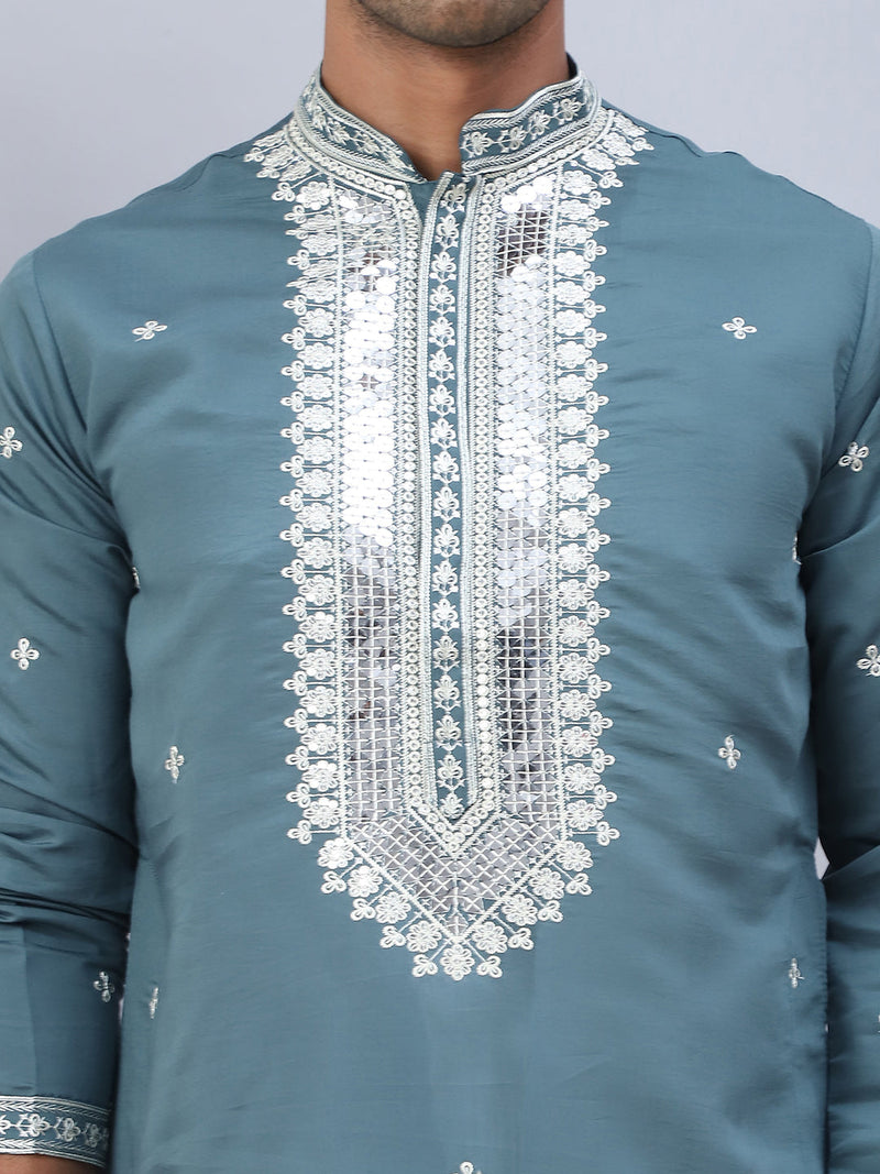 Men's Sequins Embroidered Kurta Pyjama With Dupatta