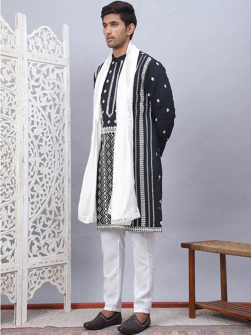 Embroidered & Sequin Cotton Blend Kurta Pyjama With Dupatta Sets