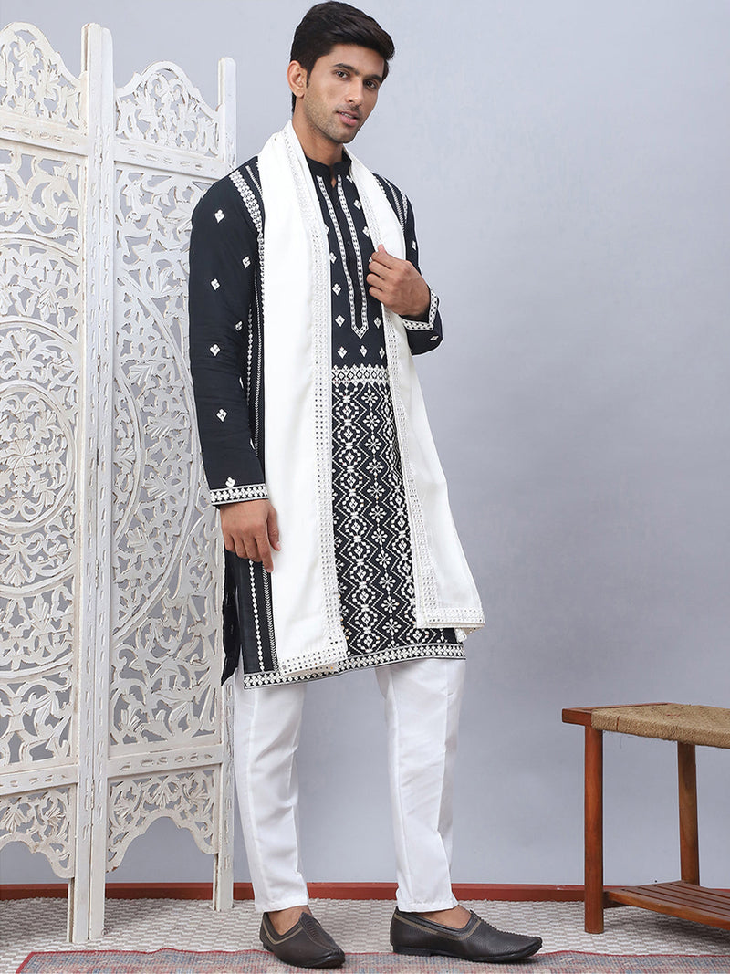 Embroidered & Sequin Cotton Blend Kurta Pyjama With Dupatta Sets