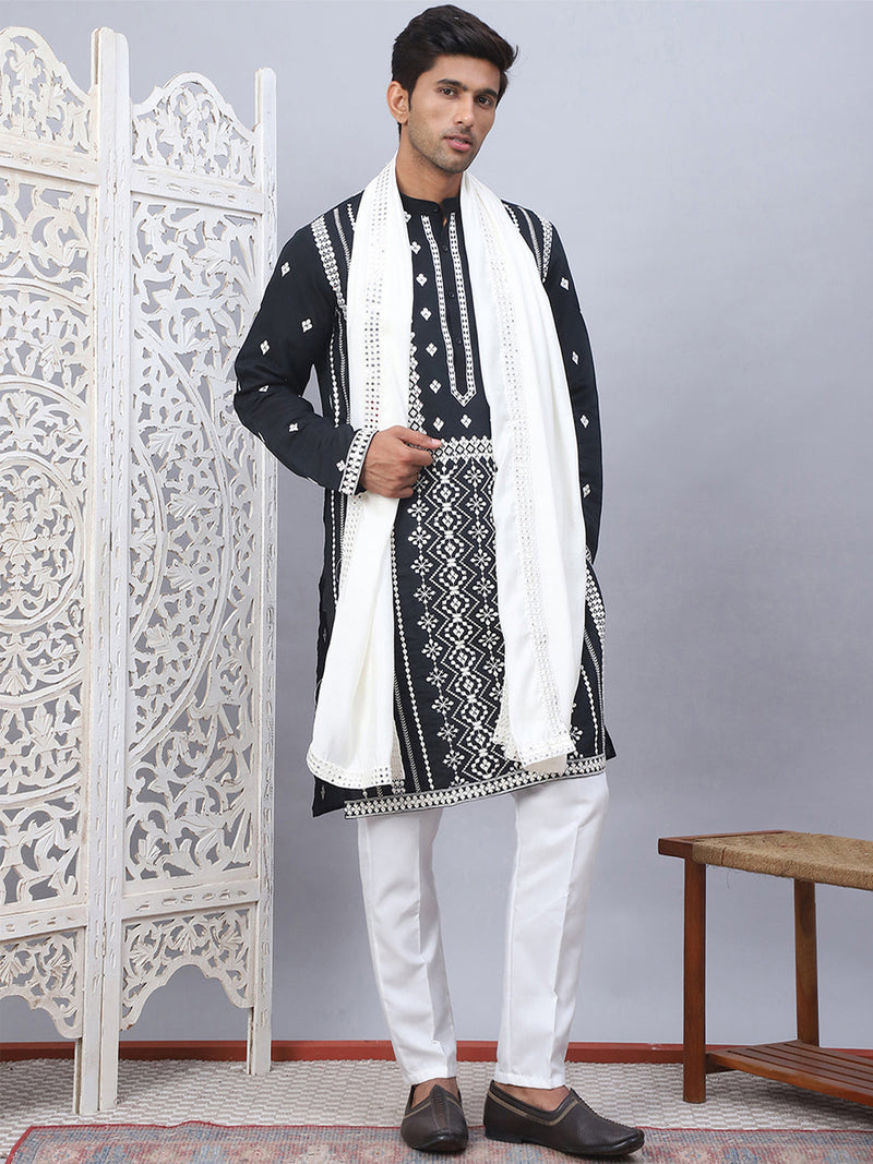 Embroidered & Sequin Cotton Blend Kurta Pyjama With Dupatta Sets