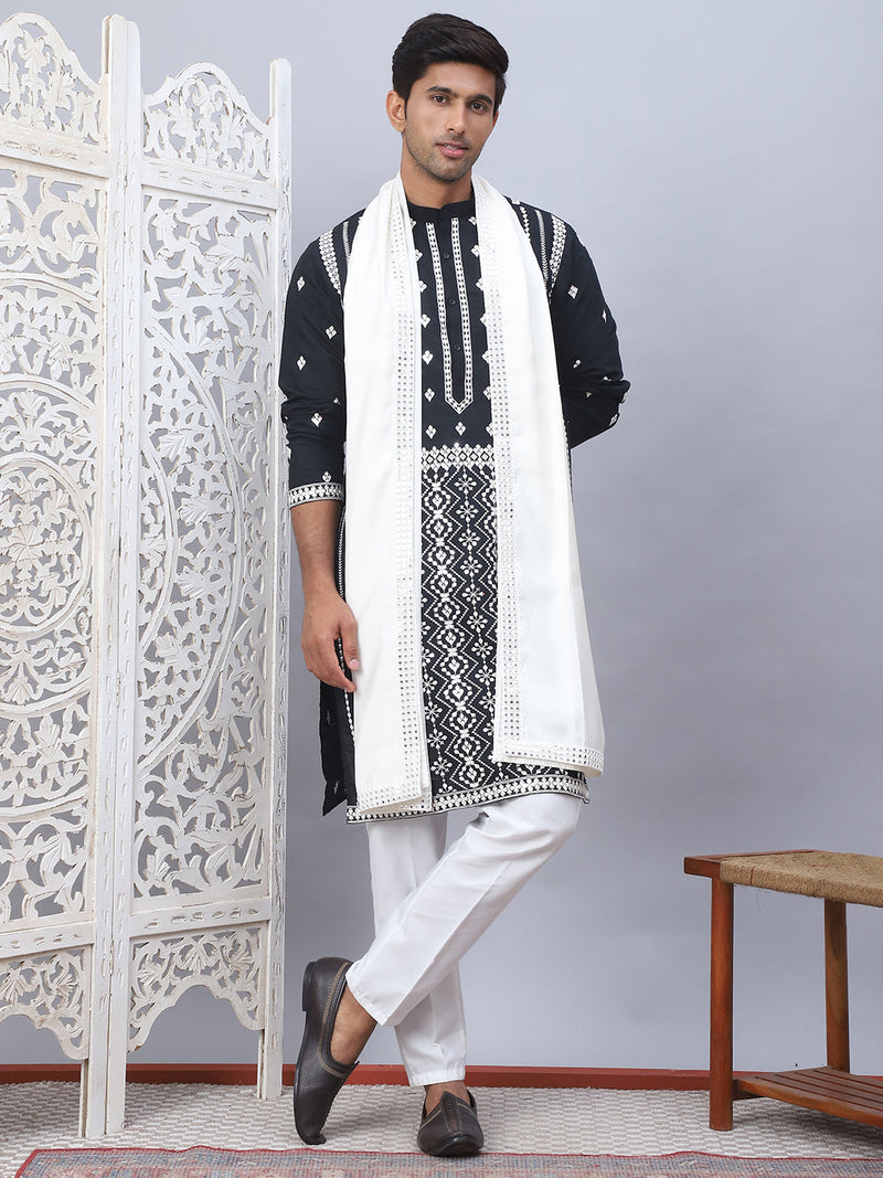 Embroidered & Sequin Cotton Blend Kurta Pyjama With Dupatta Sets