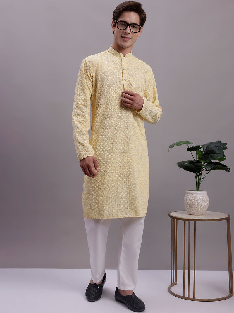 Men's Yellow Chikankari Embroidered and Sequence Kurta with Pyjama.