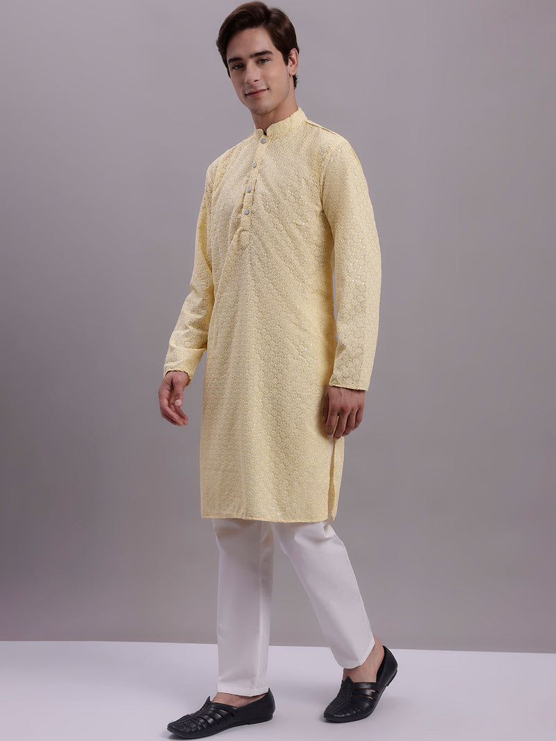 Men's Yellow Chikankari Embroidered and Sequence Kurta with Pyjama.