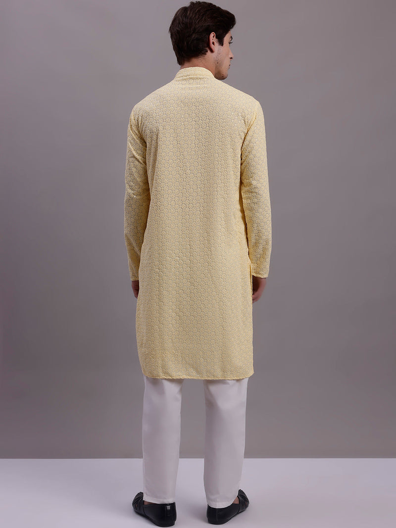 Men's Yellow Chikankari Embroidered and Sequence Kurta with Pyjama.