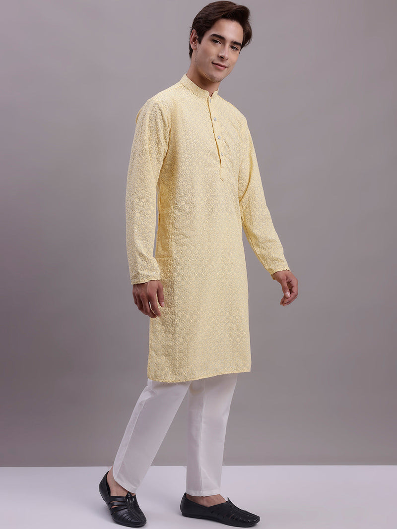 Men's Yellow Chikankari Embroidered and Sequence Kurta with Pyjama.