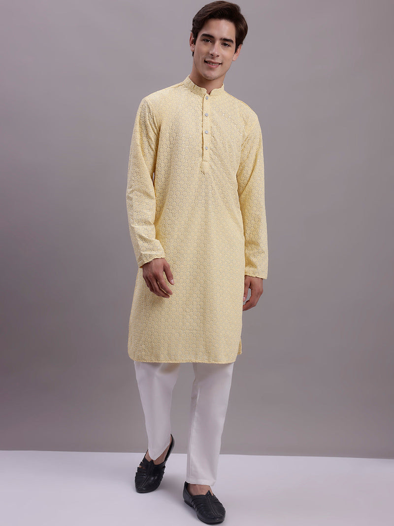 Men's Yellow Chikankari Embroidered and Sequence Kurta with Pyjama.