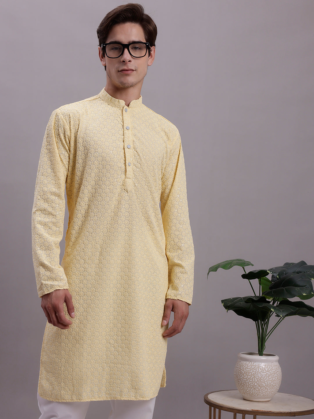 Men's Yellow Chikankari Embroidered and Sequence Kurta with Pyjama.