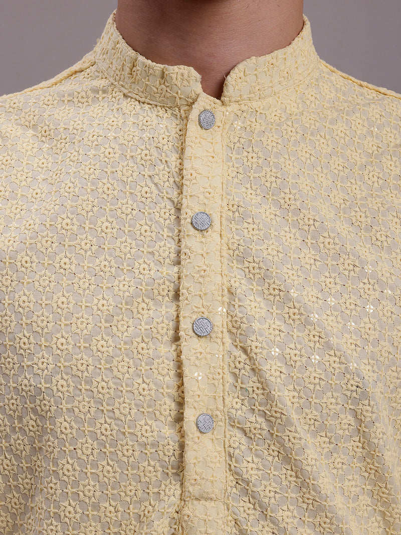 Men's Yellow Chikankari Embroidered and Sequence Kurta with Pyjama.