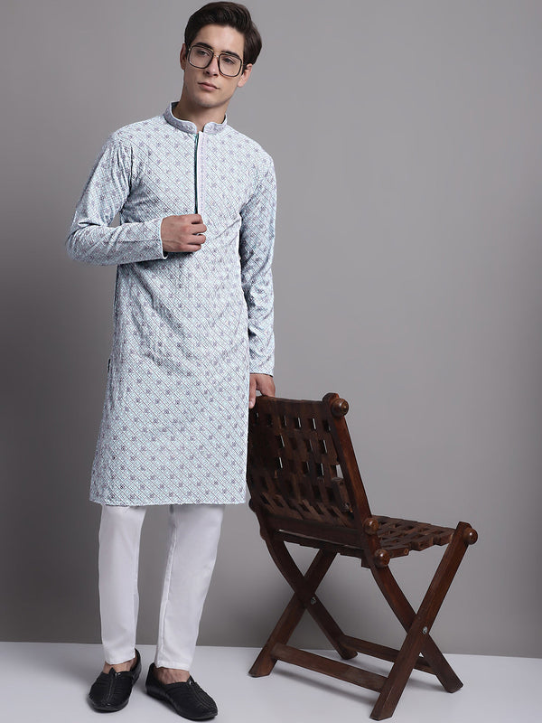 Men's Blue Chikankari Embroidered and Sequence Kurta with Pyjama.