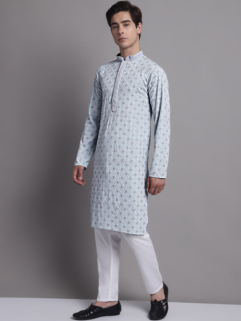 Men's Blue Chikankari Embroidered and Sequence Kurta with Pyjama.