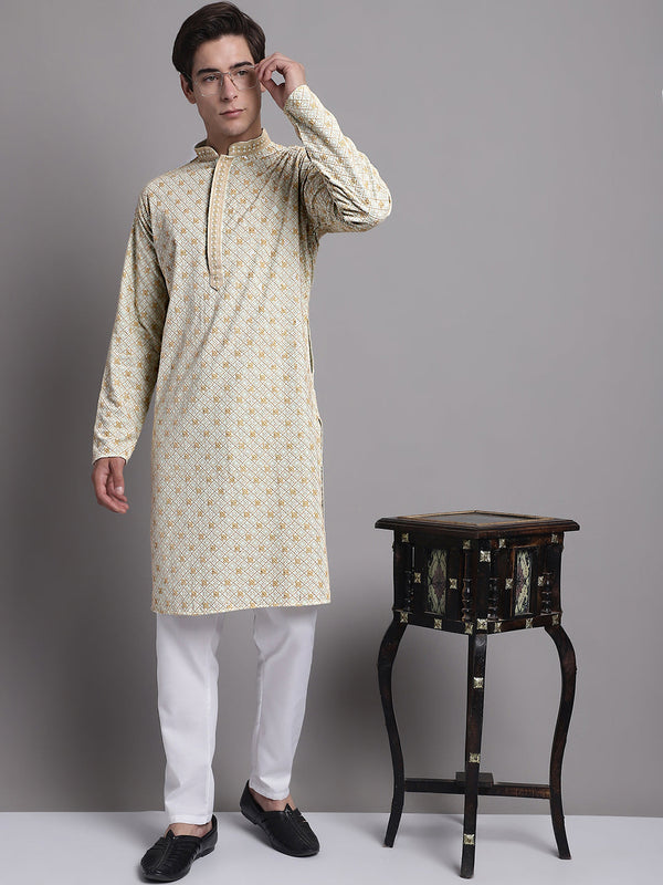 Men's Light Green Chikankari Embroidered and Sequence Kurta with Pyjama.