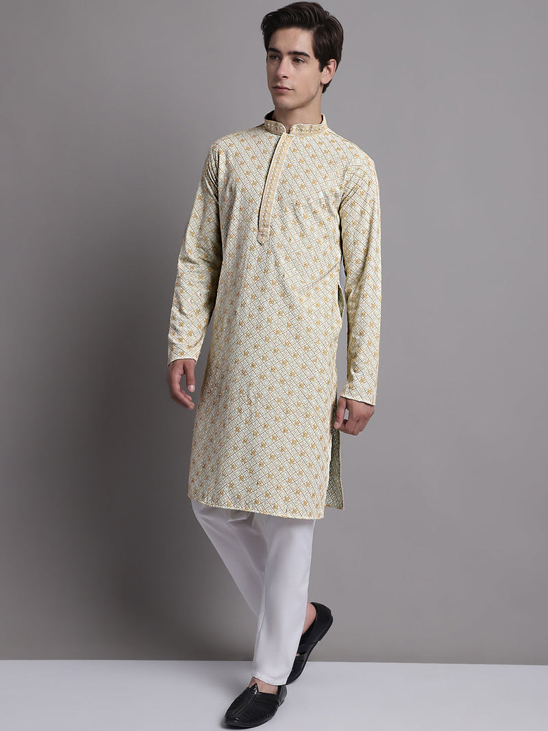 Men's Light Green Chikankari Embroidered and Sequence Kurta with Pyjama.