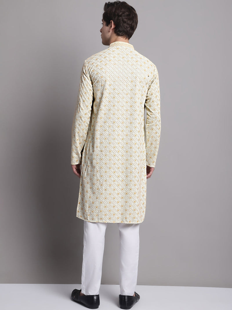 Men's Light Green Chikankari Embroidered and Sequence Kurta with Pyjama.