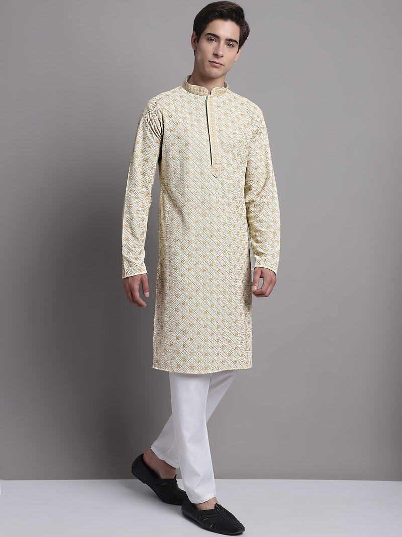 Men's Light Green Chikankari Embroidered and Sequence Kurta with Pyjama.