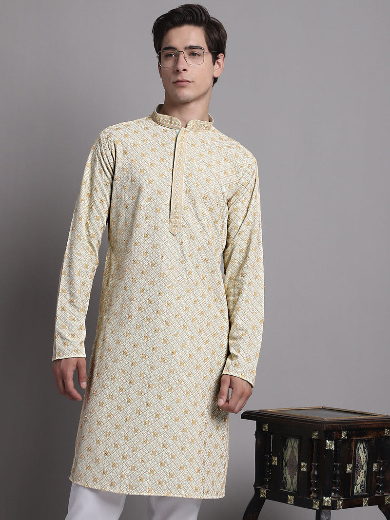 Men's Light Green Chikankari Embroidered and Sequence Kurta with Pyjama.