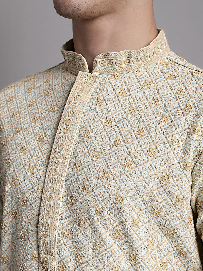 Men's Light Green Chikankari Embroidered and Sequence Kurta with Pyjama.