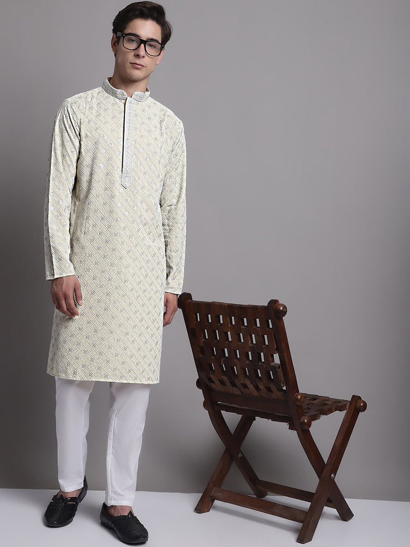 Men's Yellow Chikankari Embroidered and Sequence Kurta with Pyjama.