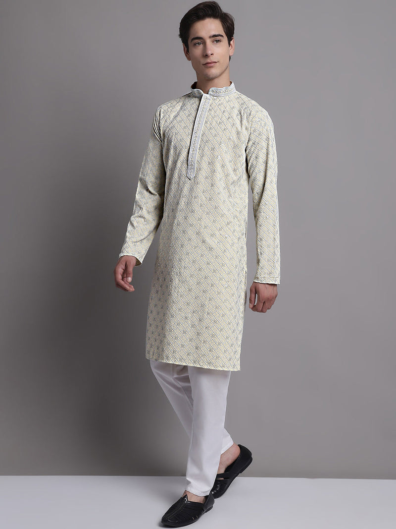 Men's Yellow Chikankari Embroidered and Sequence Kurta with Pyjama.