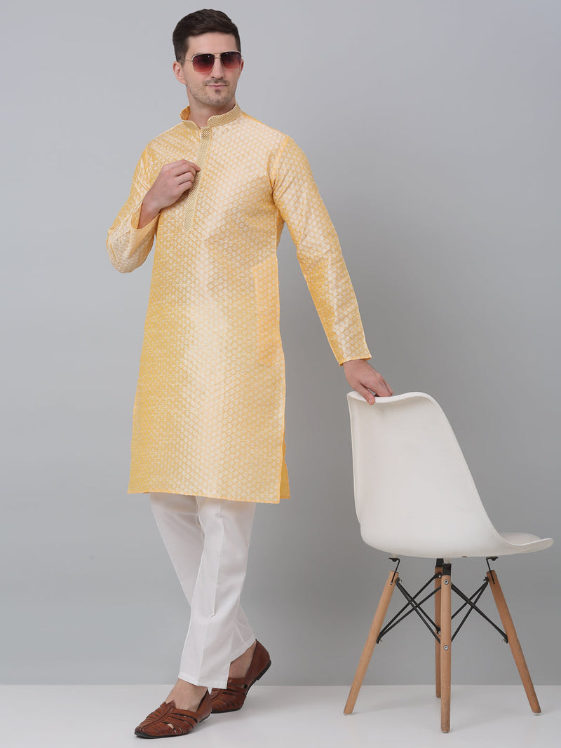 Men's Golden Collar Embroidered Kurta with Pyjama.