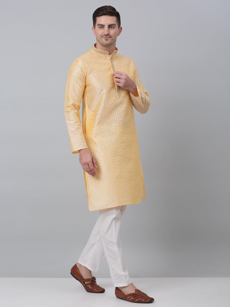 Men's Golden Collar Embroidered Kurta with Pyjama.