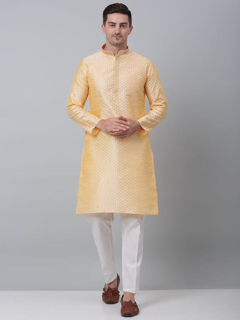 Men's Golden Collar Embroidered Kurta with Pyjama.