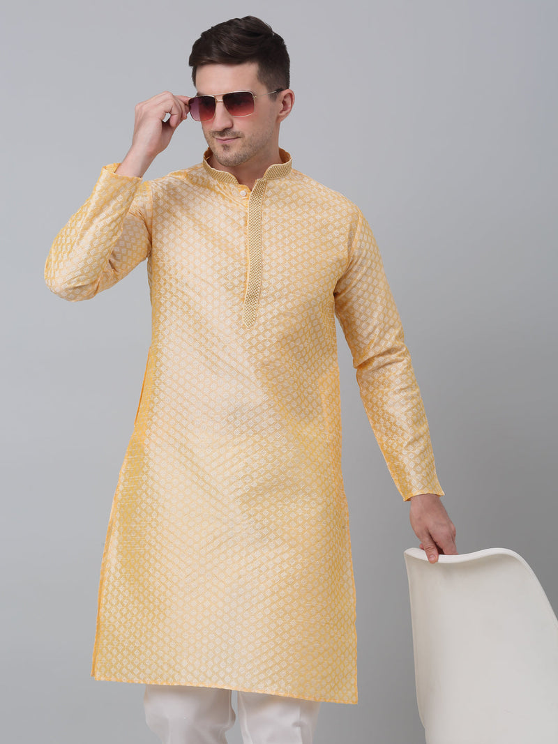 Men's Golden Collar Embroidered Kurta with Pyjama.