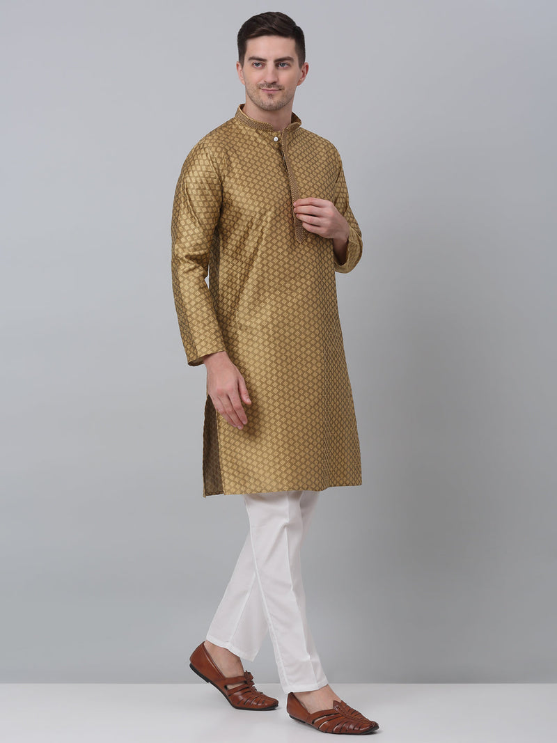 Men's Mustard Collar Embroidered Kurta with Pyjama.