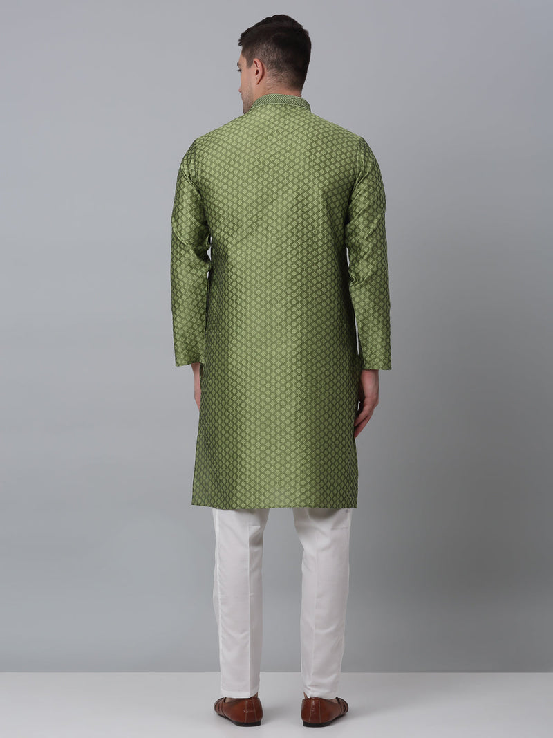 Men's Olive Green Collar Embroidered Kurta with Pyjama.