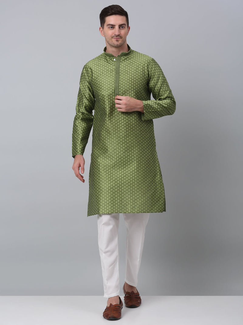 Men's Olive Green Collar Embroidered Kurta with Pyjama.